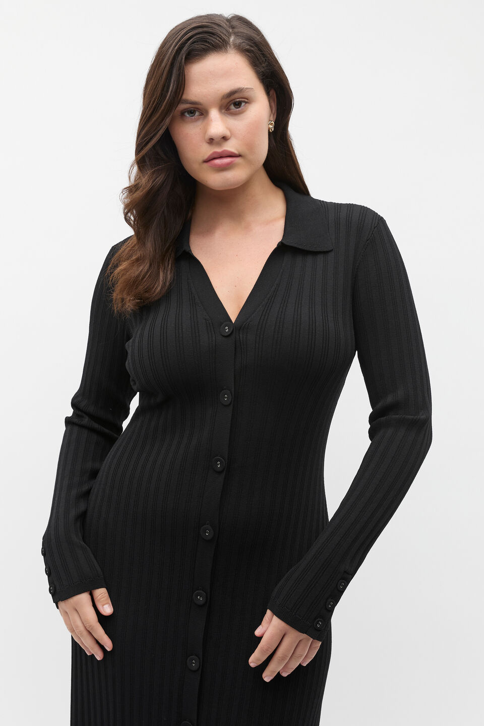 Crepe Ribbed Polo Midi Dress  Black