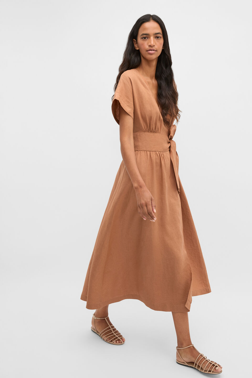 Linen Wrap Midi Dress  Copper