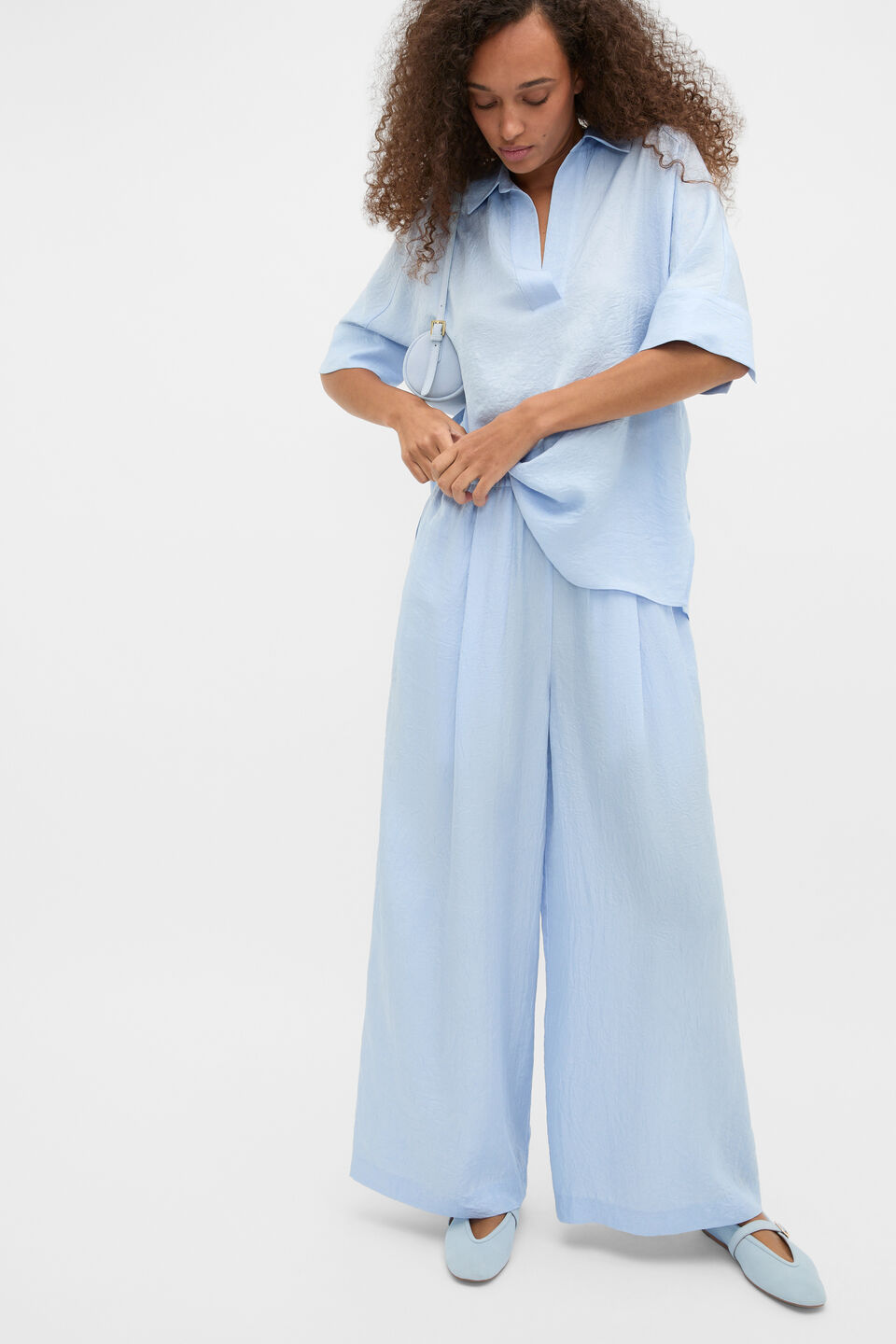 Textured Satin Gathered Pant  Arctic Blue