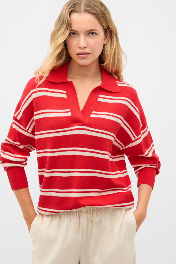 Relaxed Polo Knit  Chilli Red Stripe  hi-res