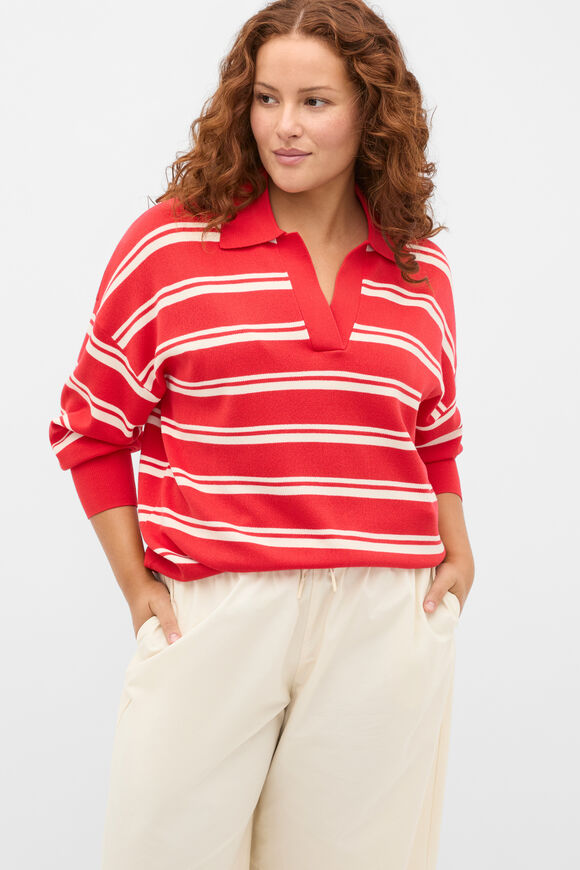 Relaxed Polo Knit  Chilli Red Stripe  hi-res