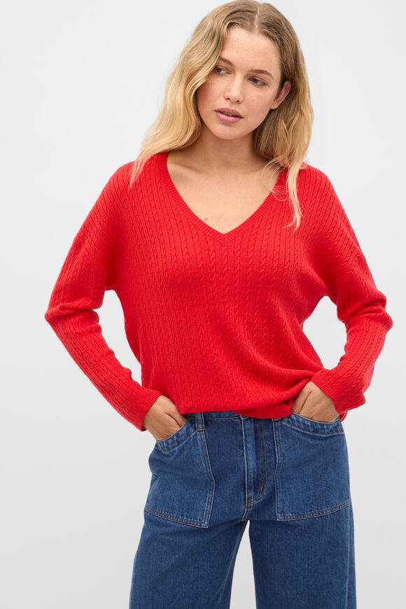 Australian Merino V Neck Cable Knit  Chilli Red  hi-res