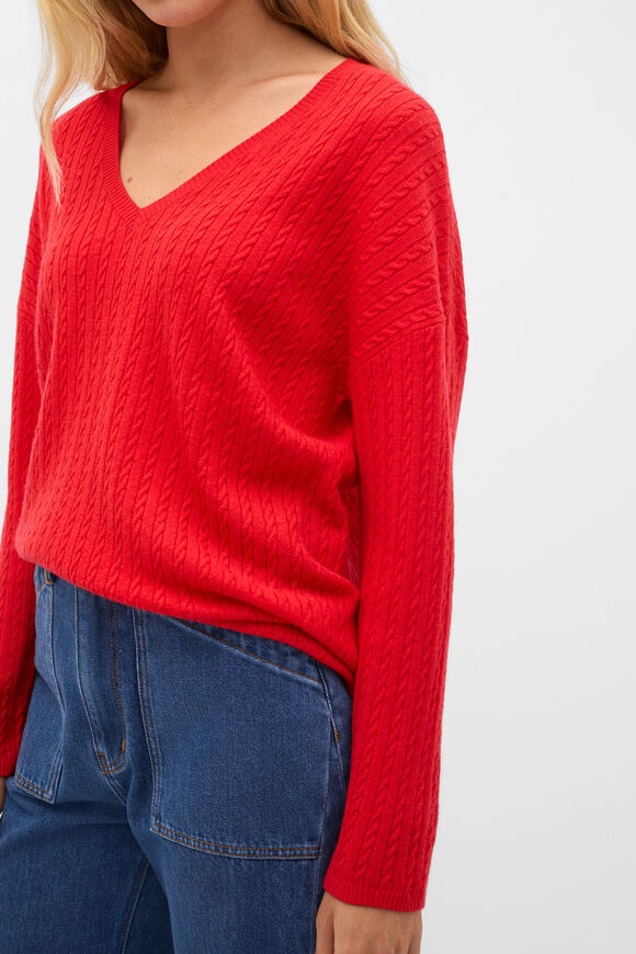 Australian Merino V Neck Cable Knit  Chilli Red  hi-res