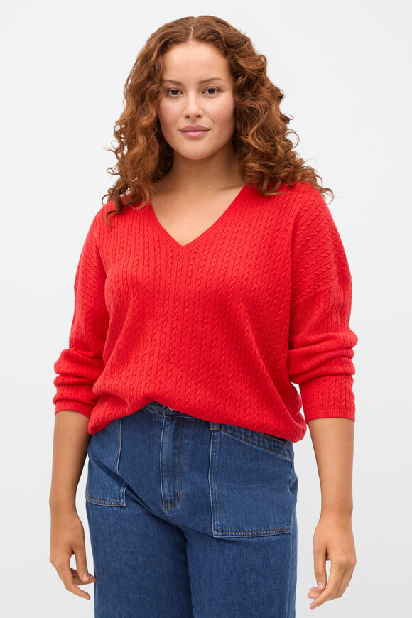 Australian Merino V Neck Cable Knit  Chilli Red  hi-res