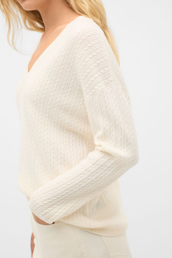 Australian Merino V Neck Cable Knit  Coconut Cream  hi-res