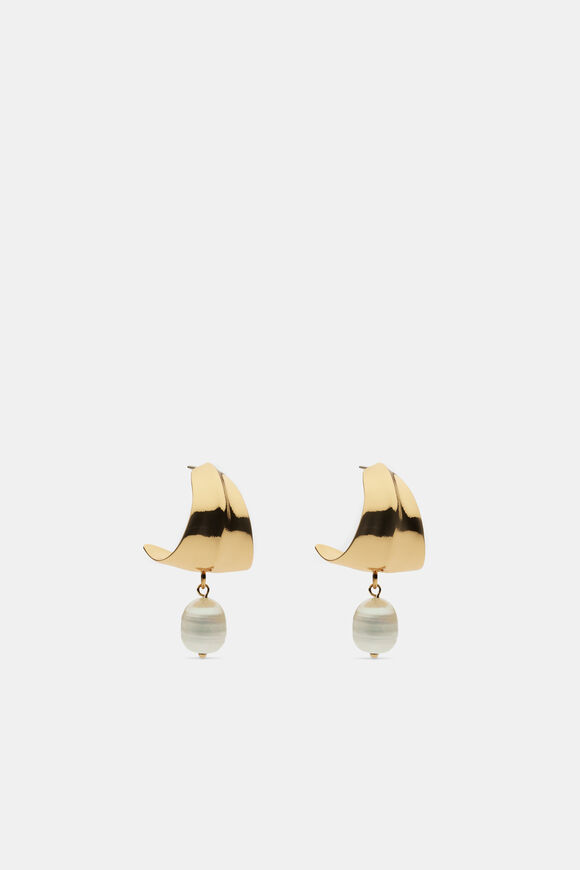 Curved Pearl Drop Earring  Gold  hi-res