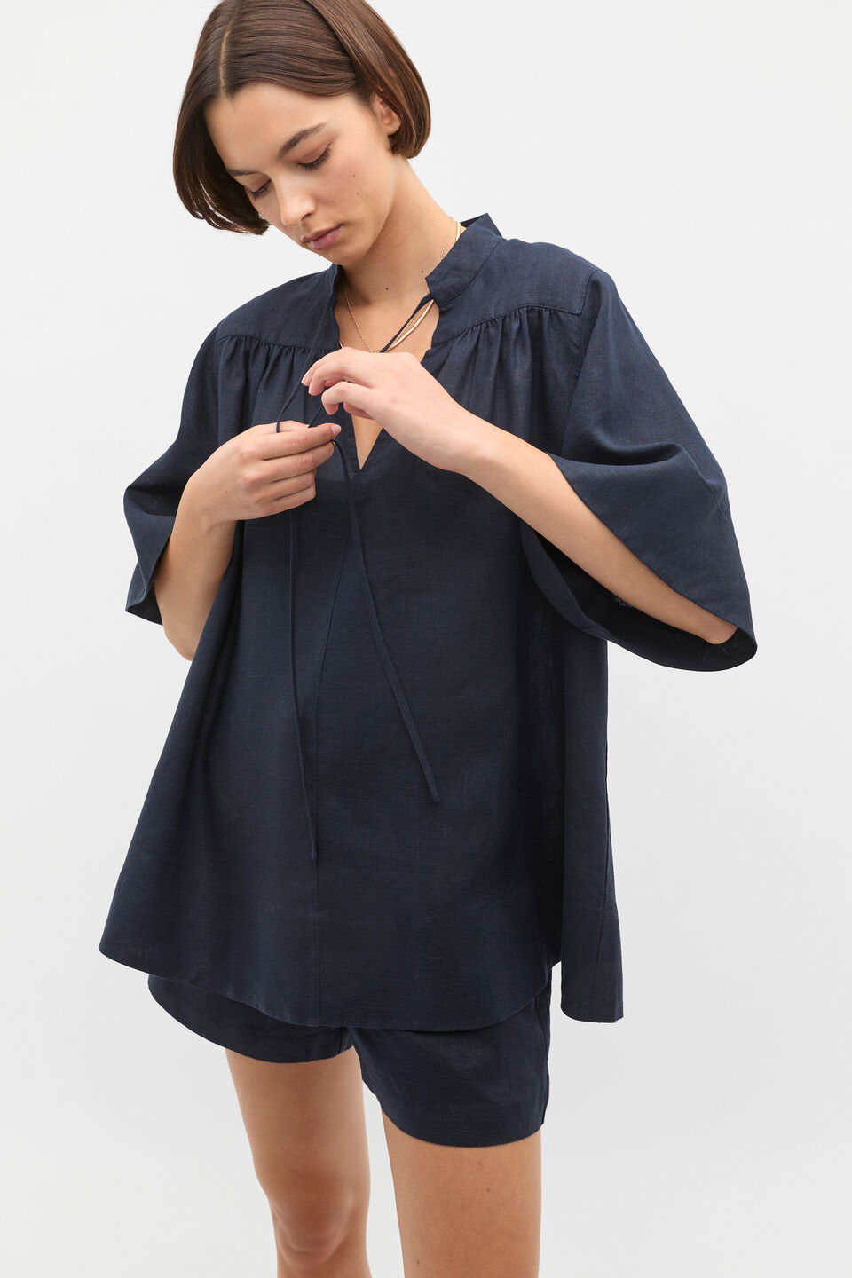Linen Tie Detail Blouse  Twilight Blue