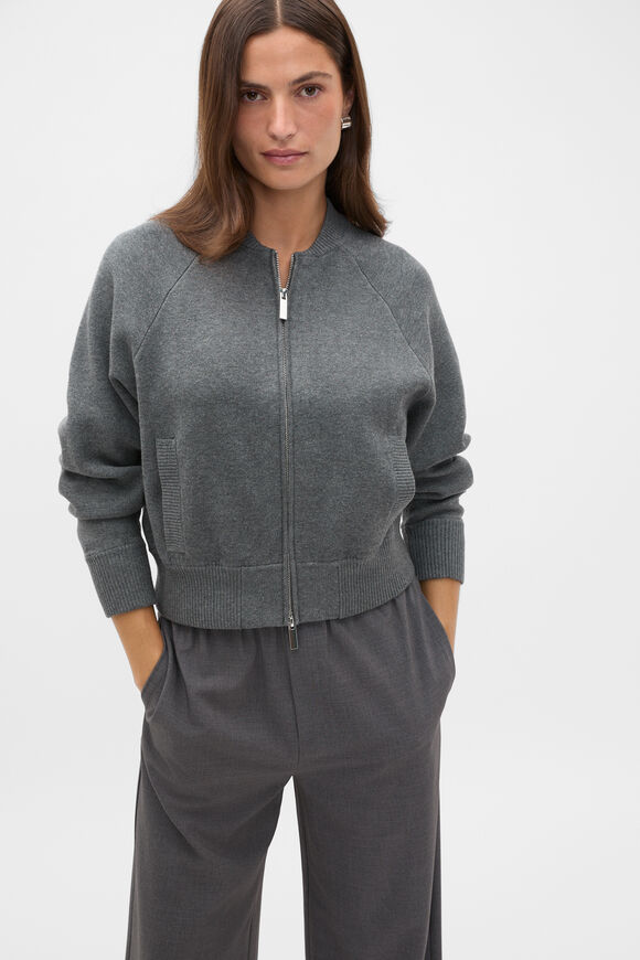 Double Knit Bomber Cardigan  Charcoal Grey Marle  hi-res