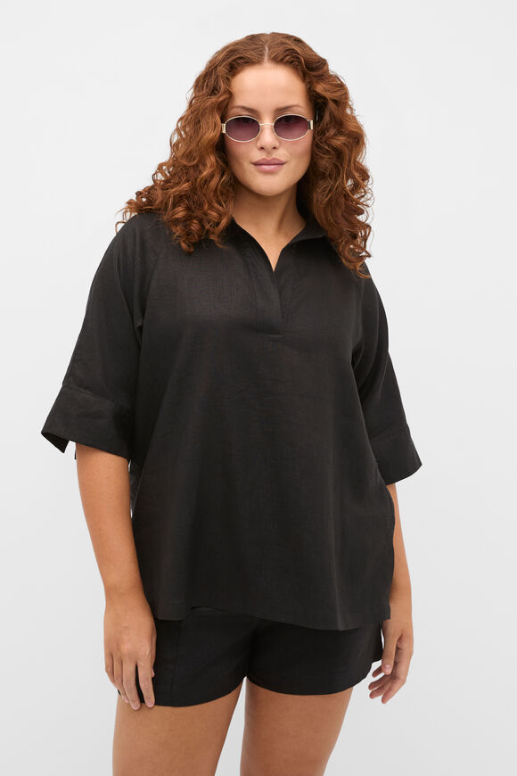 Core Linen Half Placket Popover  Black  hi-res