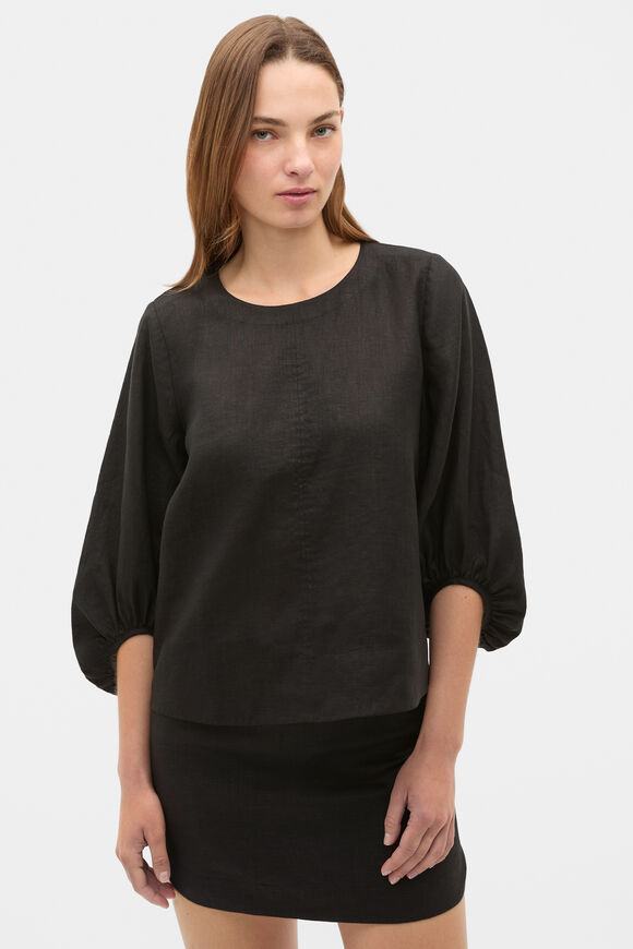 Core Linen Balloon Sleeve Top  Black  hi-res