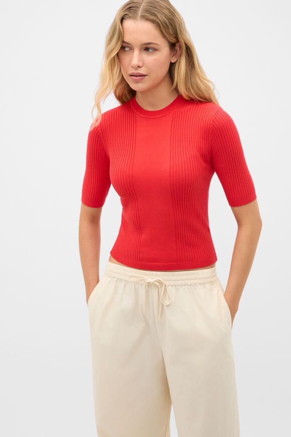 Cotton Blend Rib Knit Top  Chilli Red  hi-res