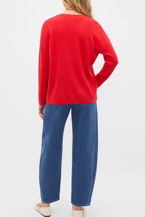 Australian Merino V Neck Cable Knit  Chilli Red  hi-res