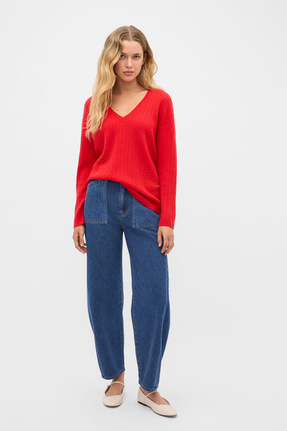 Australian Merino V Neck Cable Knit  Chilli Red  hi-res