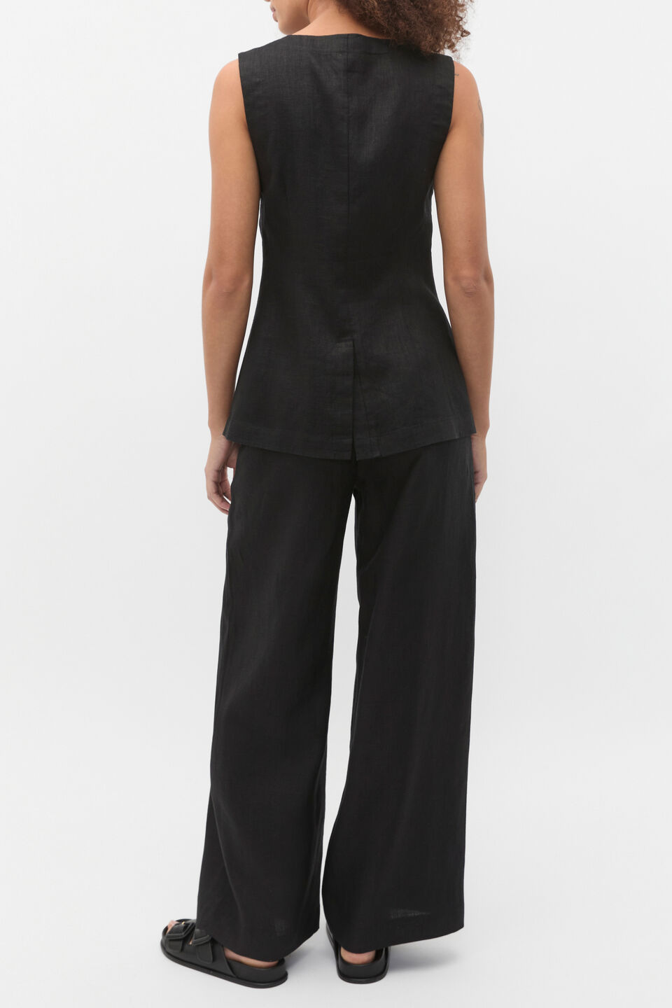 Linen Concealed Placket Vest  Black