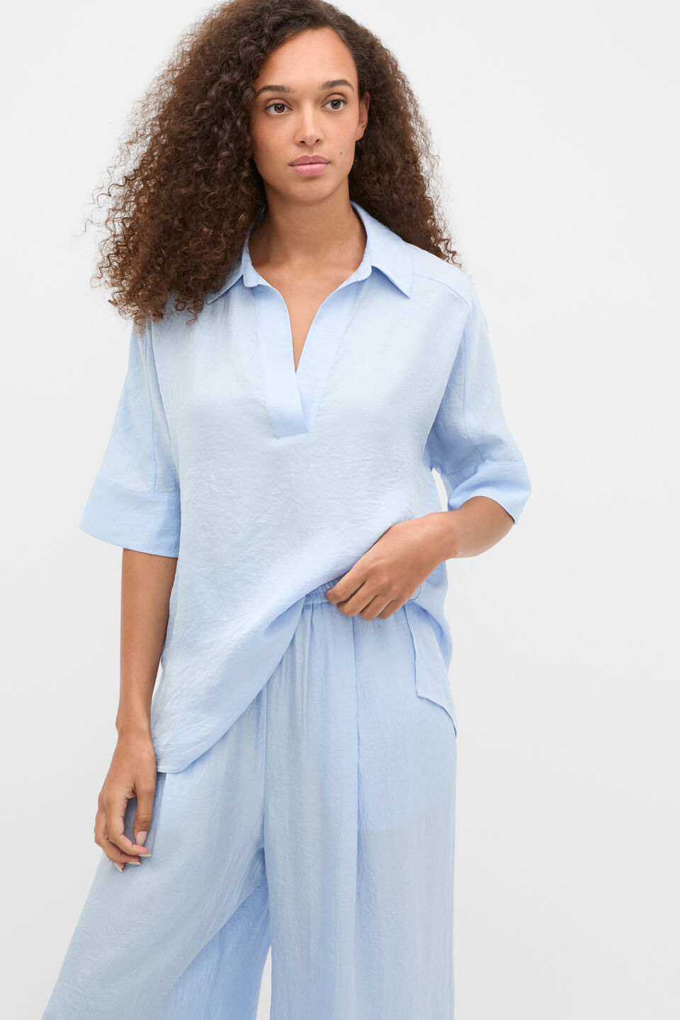 Textured Satin Collared Popover  Arctic Blue