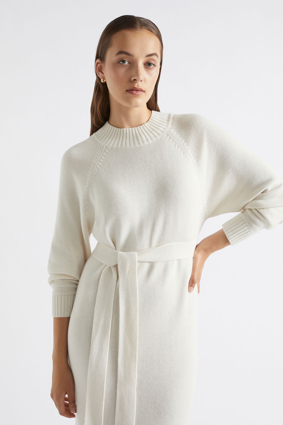 Tie Waist Midi Knit Dress  Cloud Cream