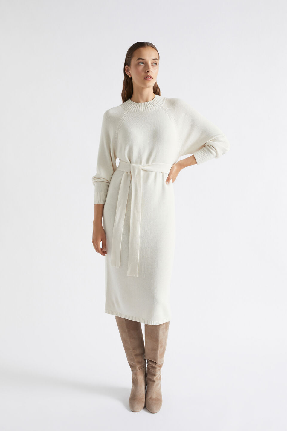 Tie Waist Midi Knit Dress  Cloud Cream