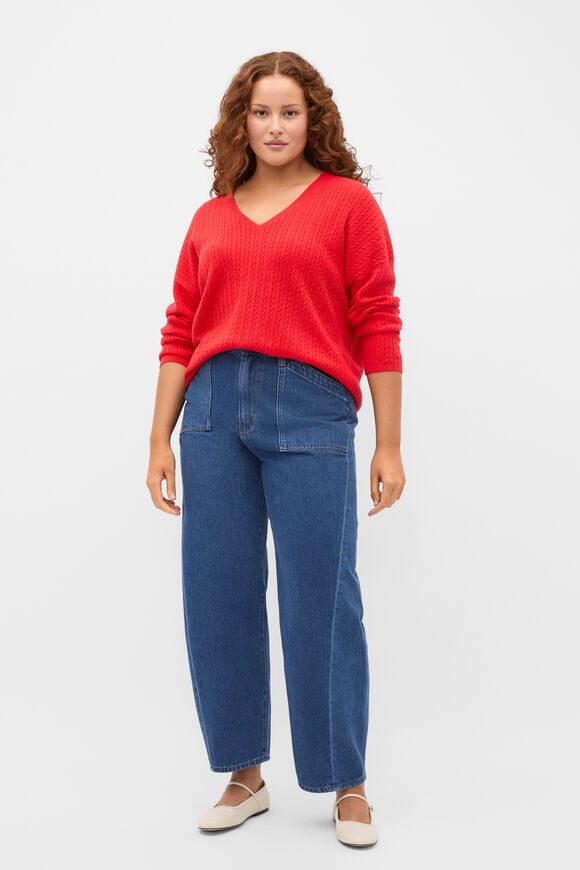 Australian Merino V Neck Cable Knit  Chilli Red  hi-res