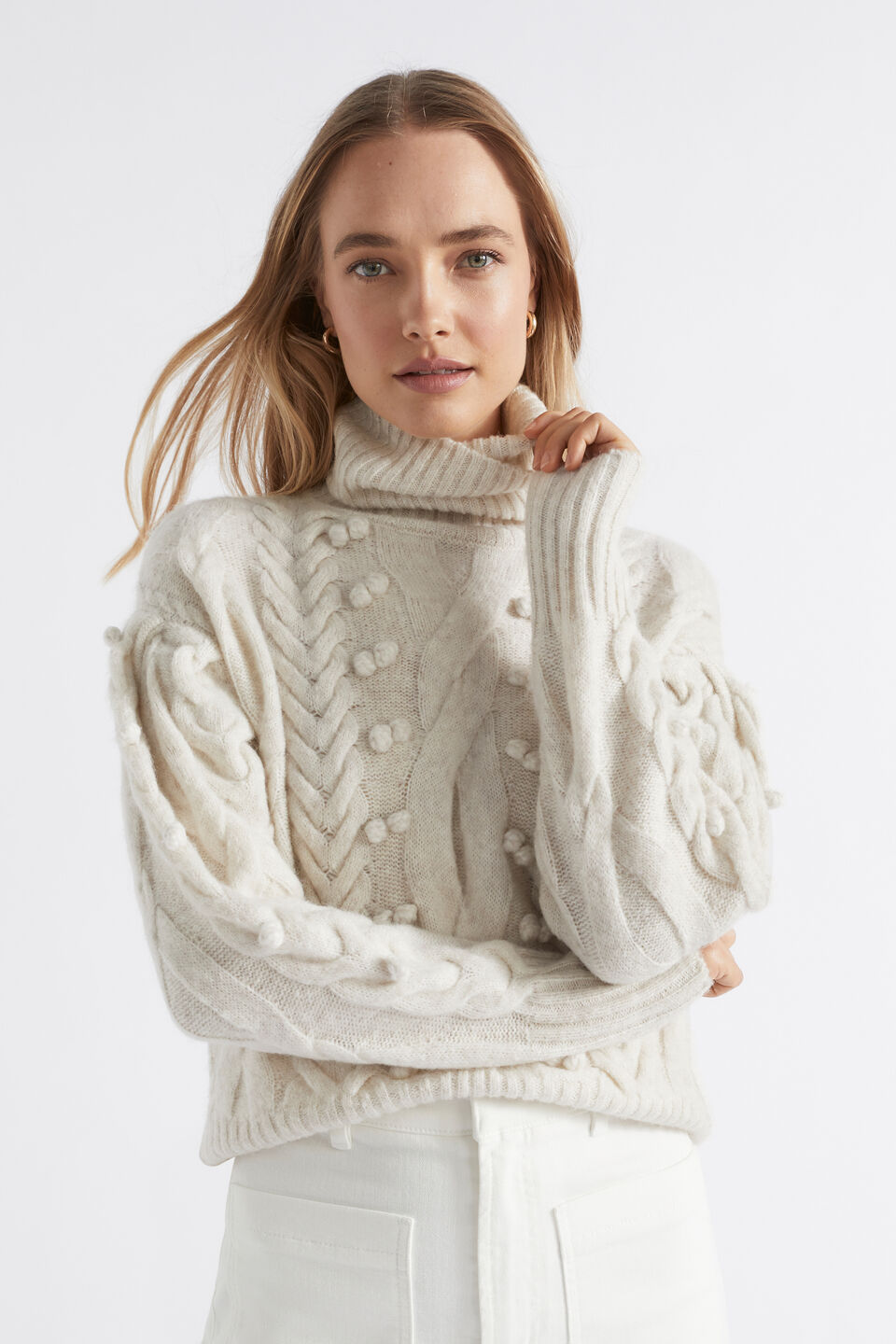Pom Pom Braid Roll Neck Knit  Oat Marle