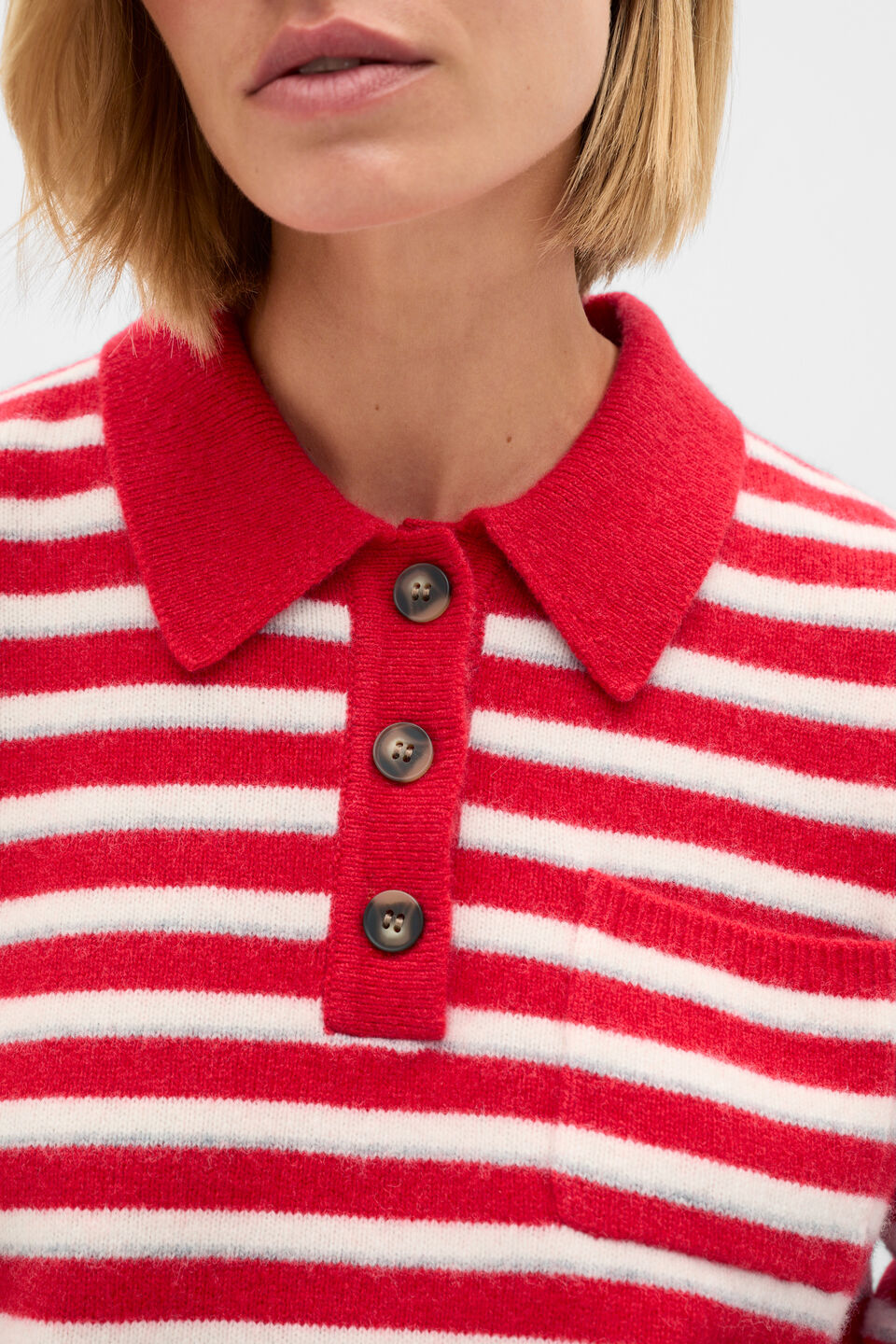 Brushed Merino Stripe Polo Knit  Poppy Stripe