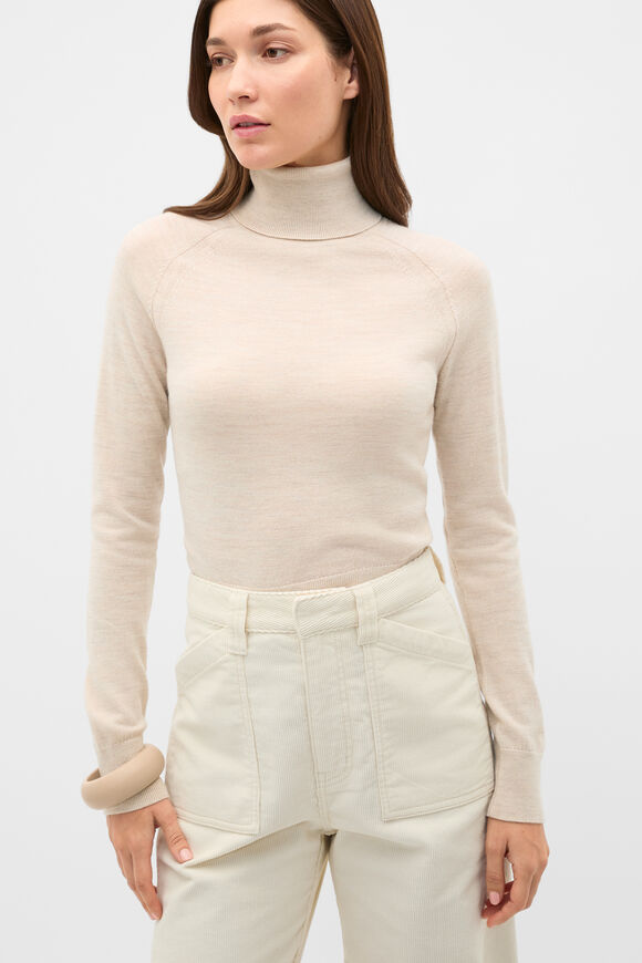 Merino Roll Neck Raglan Knit  Cashew Cream Marle  hi-res