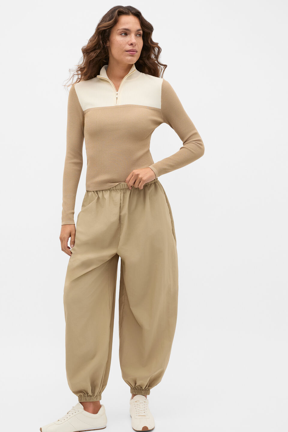 Contrast Knit Mock Neck  Caramel Clay
