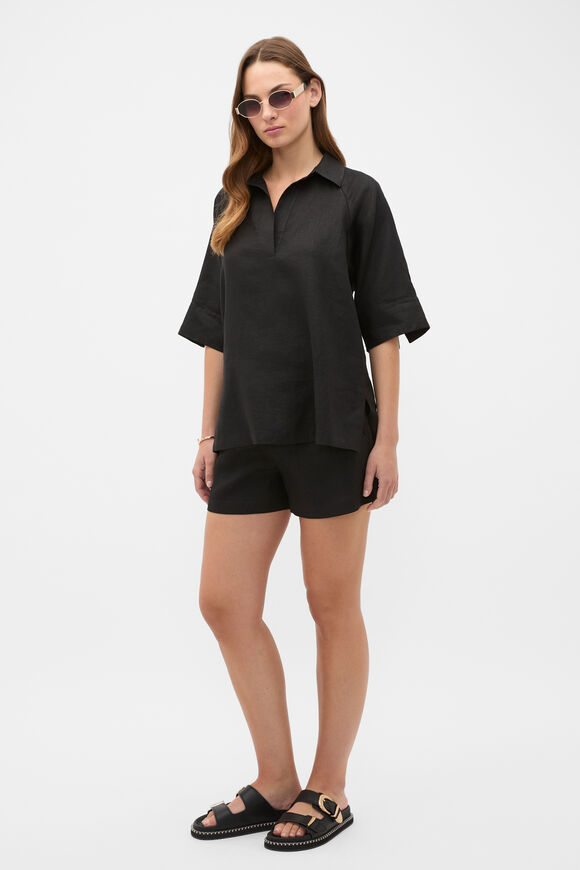 Core Linen Half Placket Popover  Black  hi-res