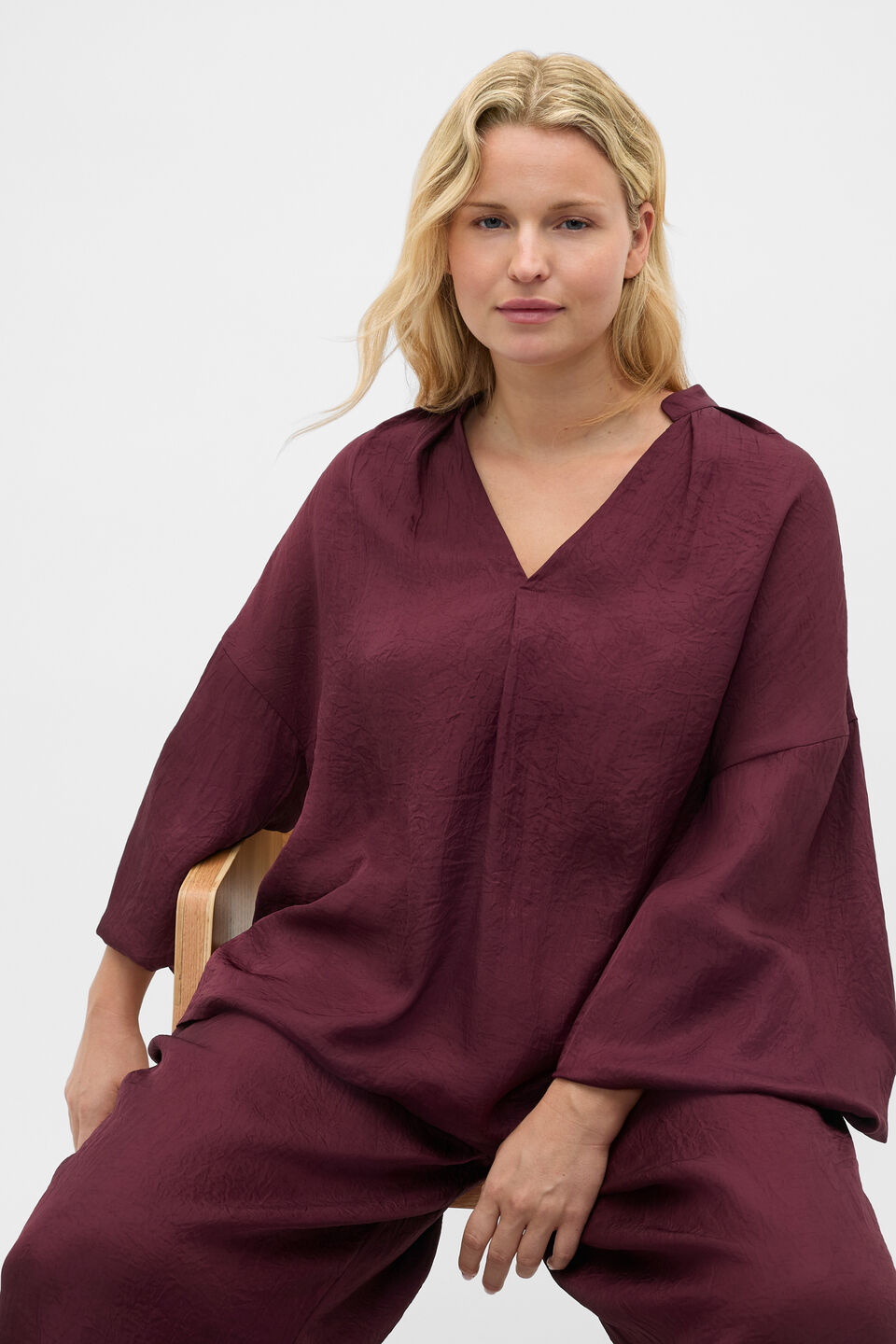 Textured Satin Half Placket Blouse  Plum Red