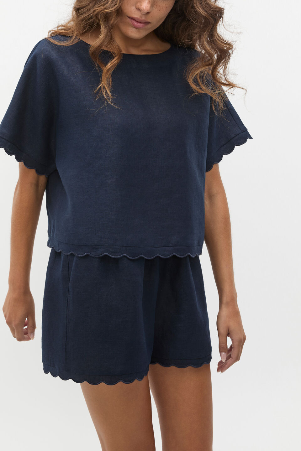 Linen Wave Scallop Boxy Tee  Twilight Blue