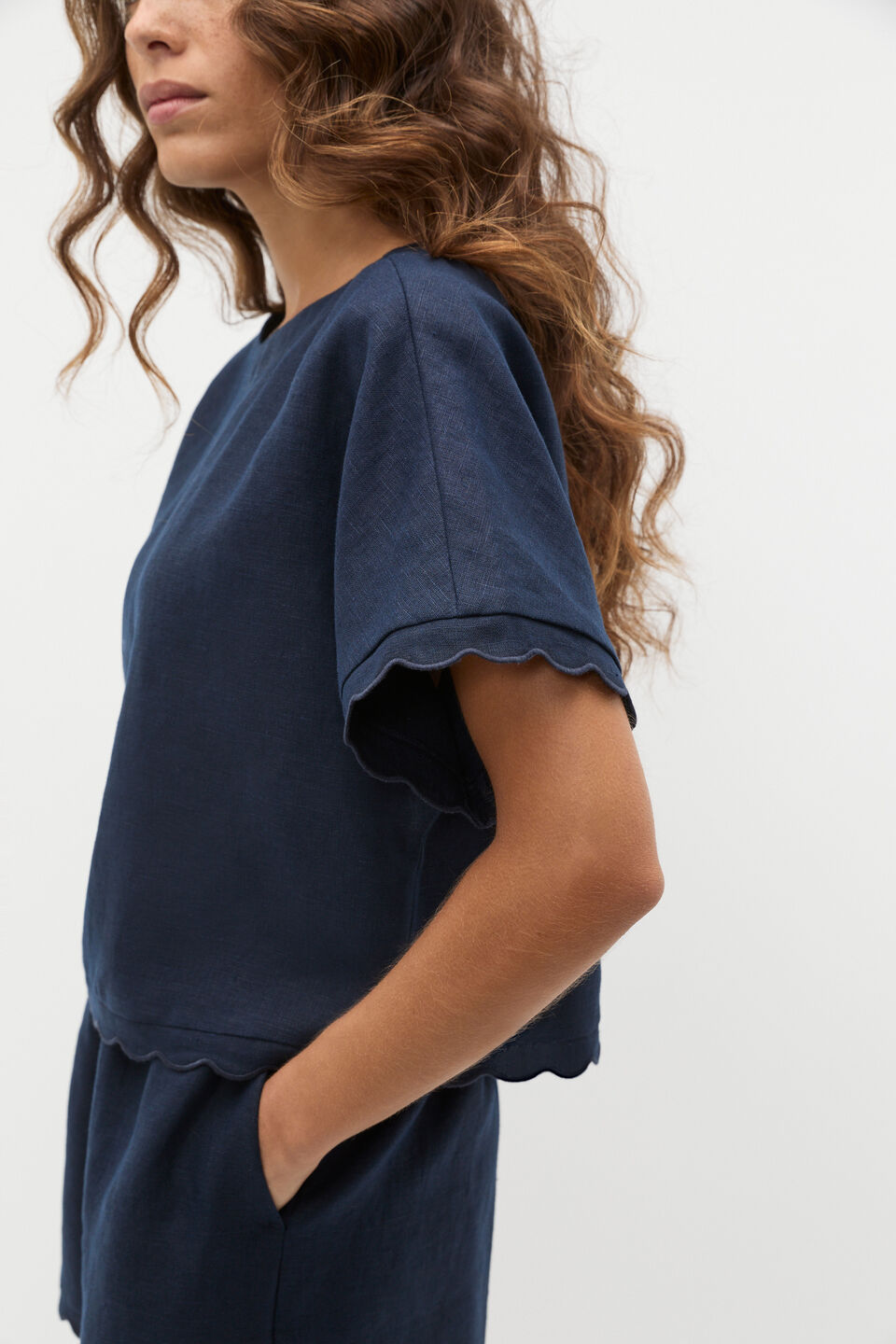 Linen Wave Scallop Boxy Tee  Twilight Blue
