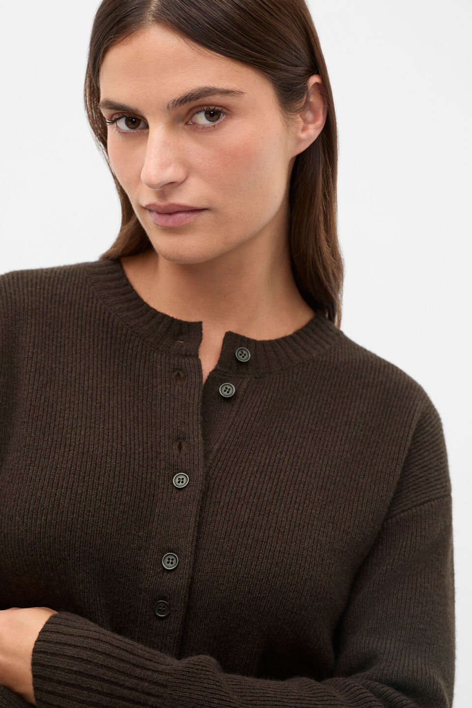 Merino Button Up Knit Cardigan  Coffee Bean