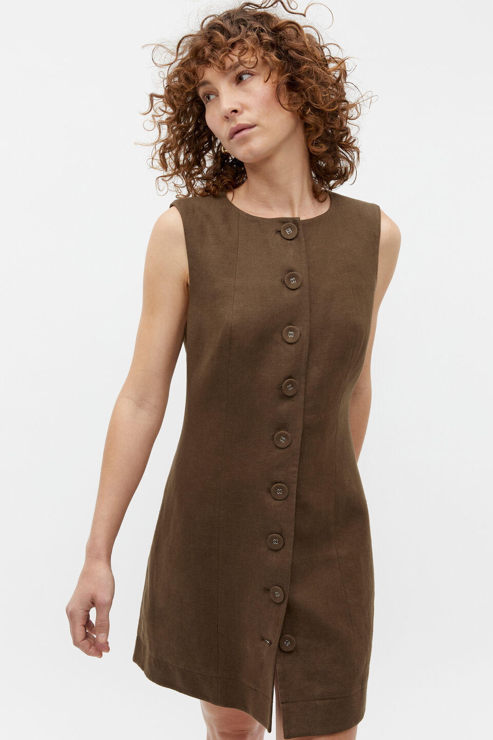 Linen Button Through Mini Dress  Dark Praline