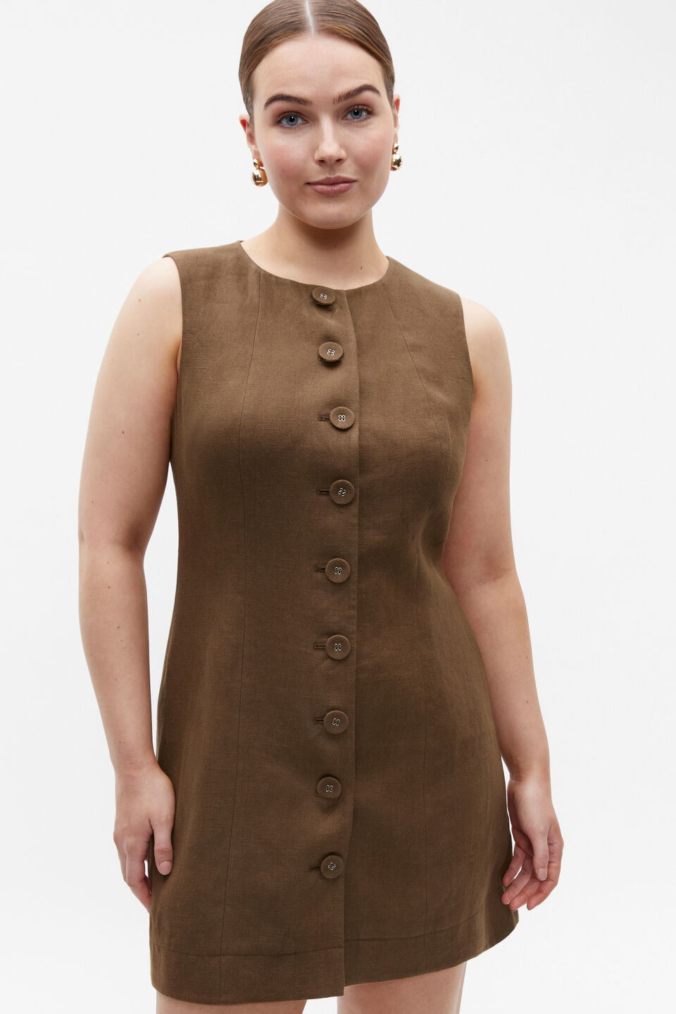 Linen Button Through Mini Dress  Dark Praline
