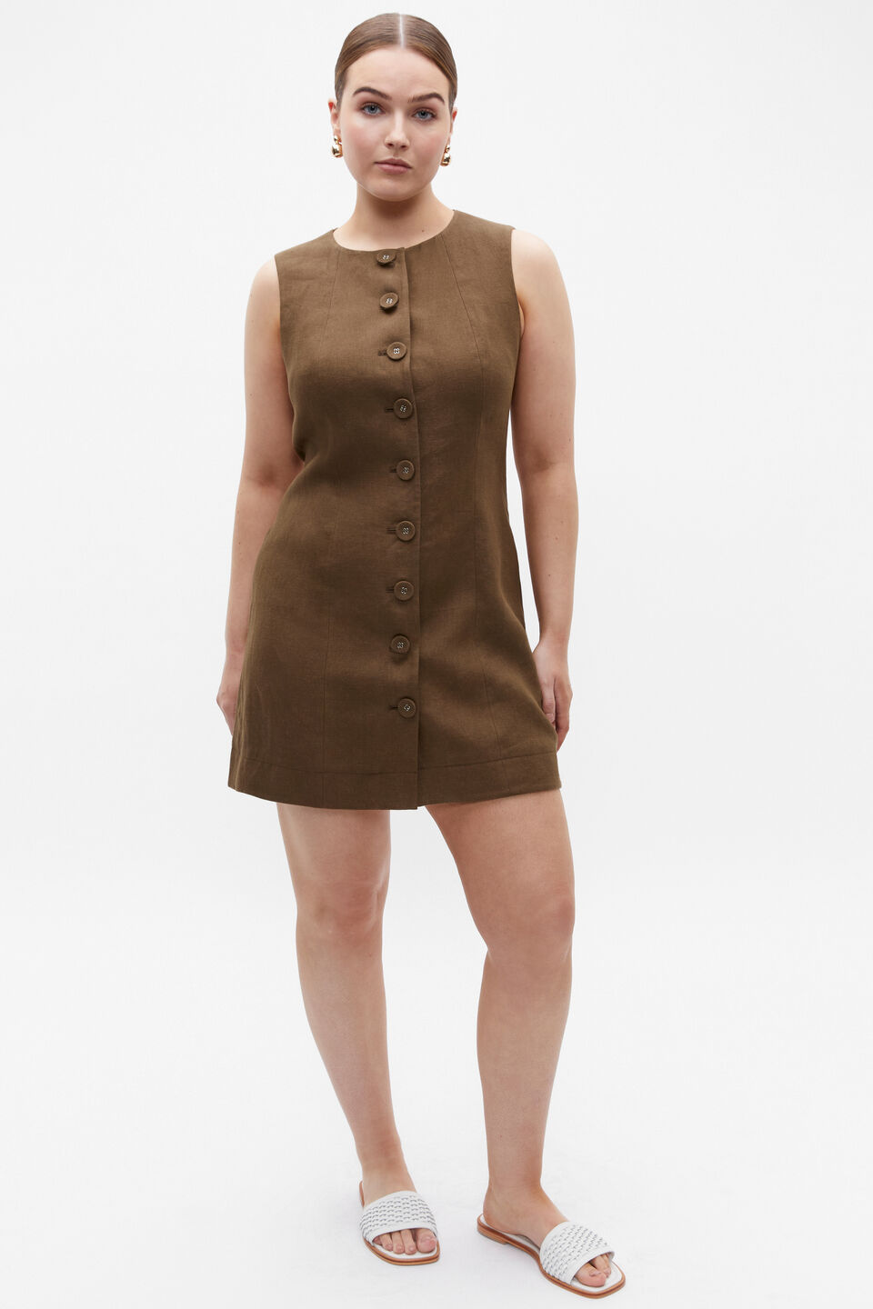 Linen Button Through Mini Dress  Dark Praline