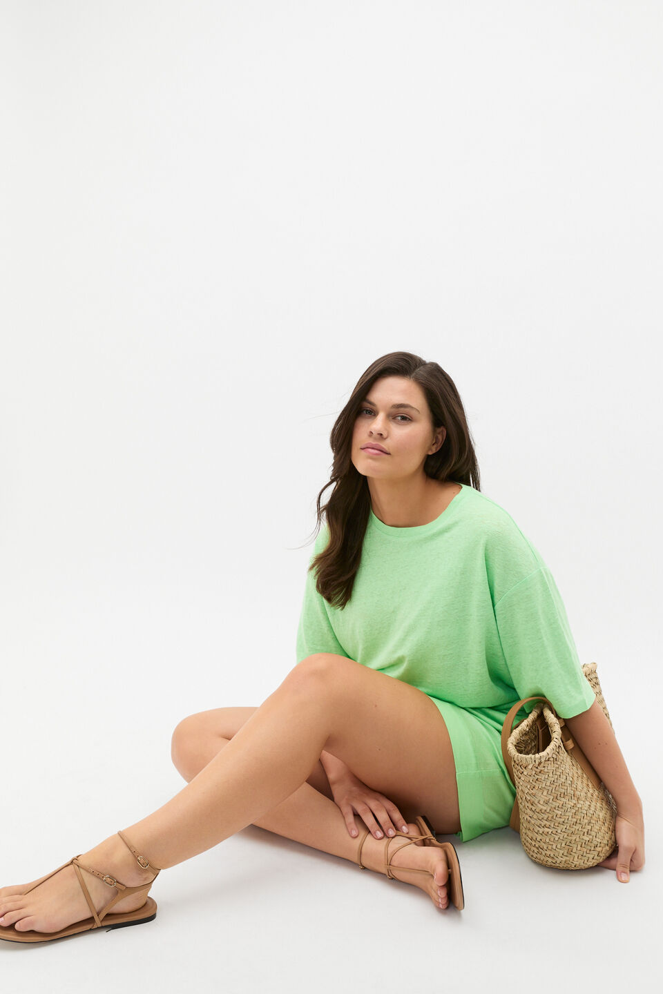 Linen Relaxed Tee  Green Apple