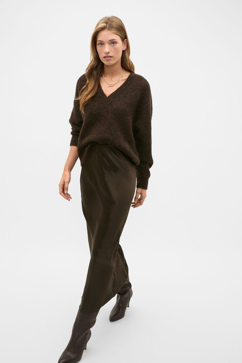 Crinkled Satin Slip Skirt  Coffee Bean