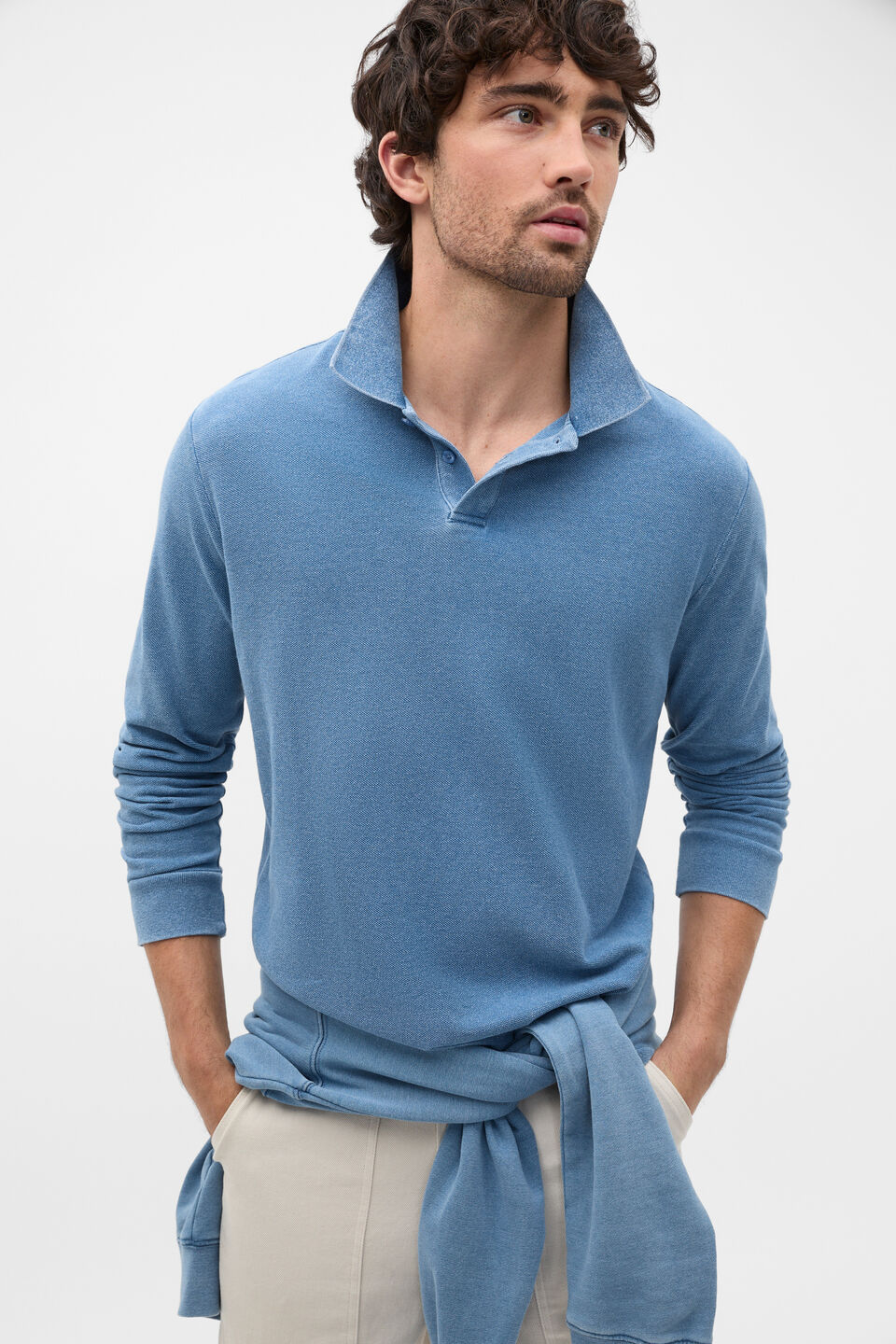 Indigo Long Sleeve Pique Polo  Indigo