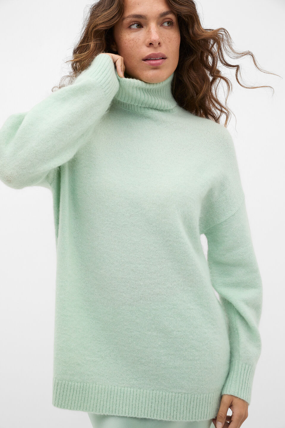 Mohair Blend Roll Neck Knit  Soft Moss