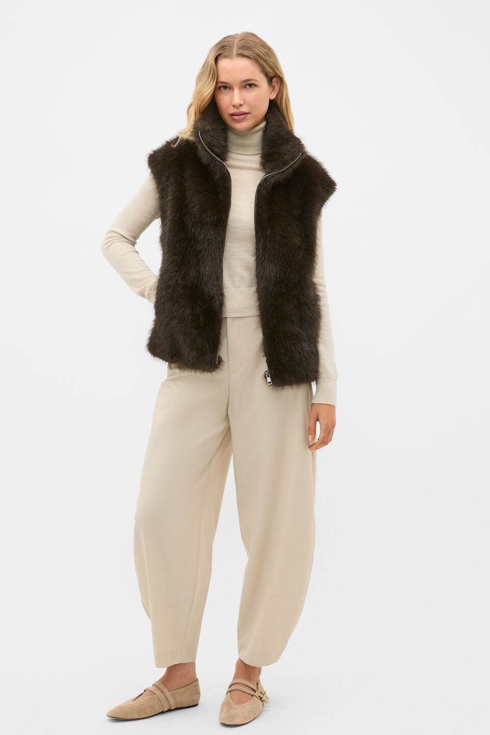Faux Fur Zip Through Vest  Coffee Bean