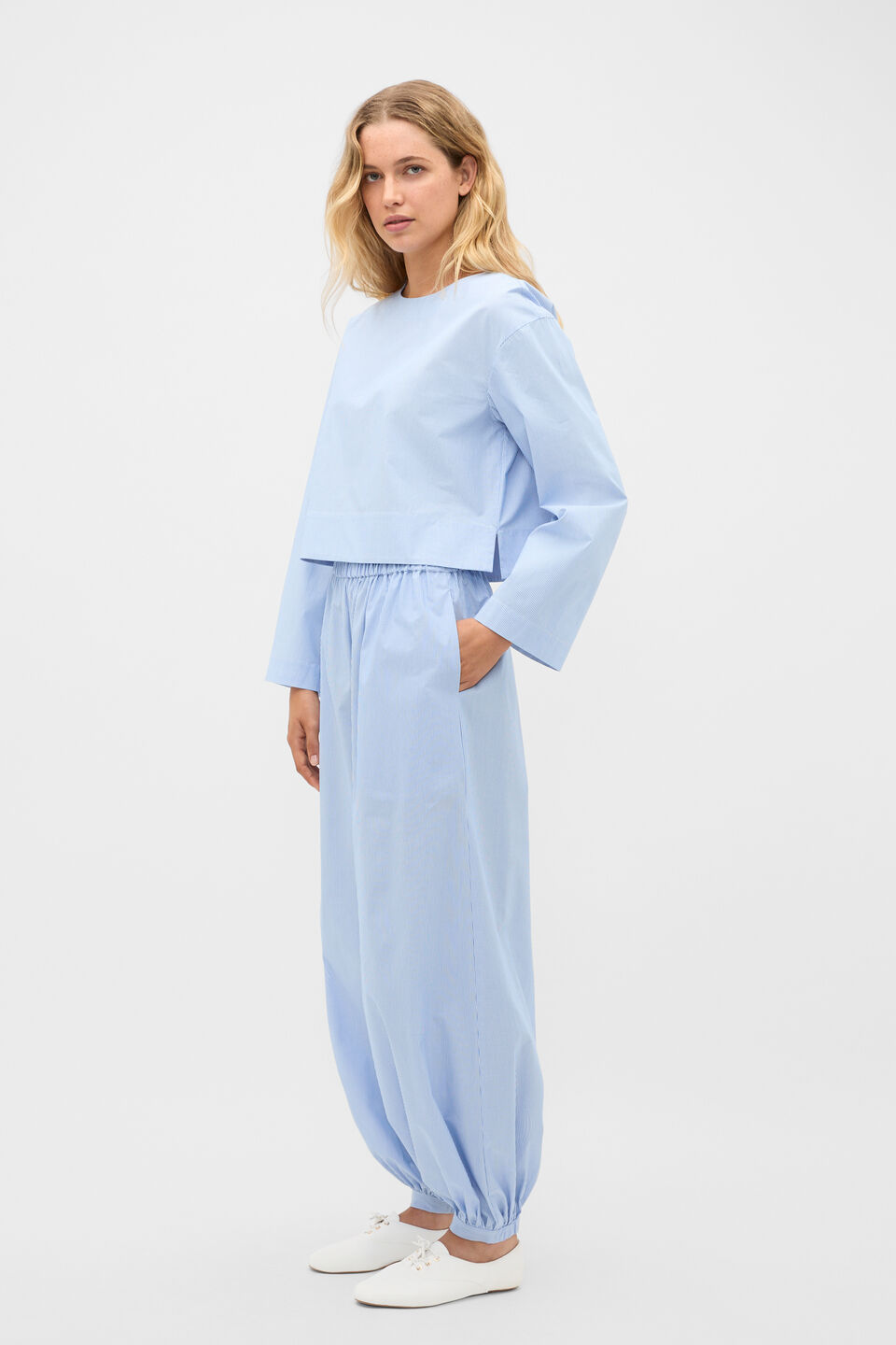 Poplin Stripe Cropped Blouse  Blue Haven Stripe
