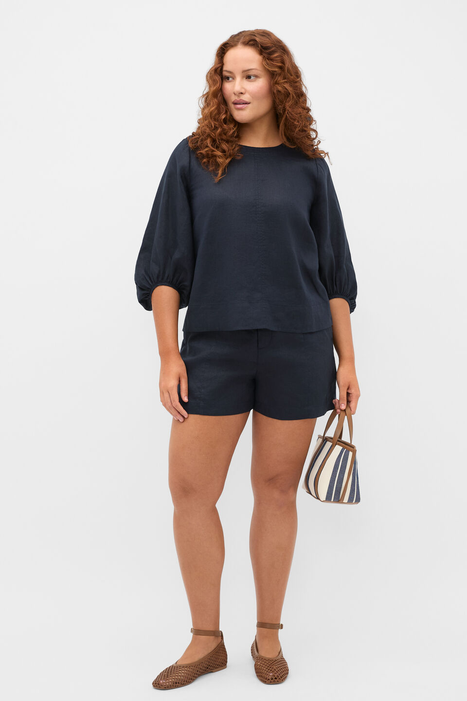Core Linen Balloon Sleeve Top  Twilight Blue