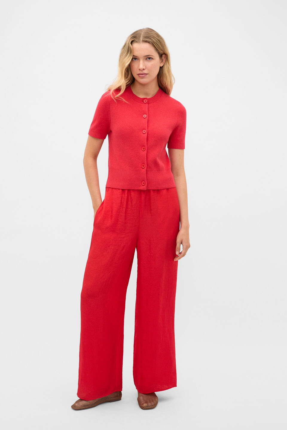 Textured Satin Easy Wide Leg Pant  Chilli Red