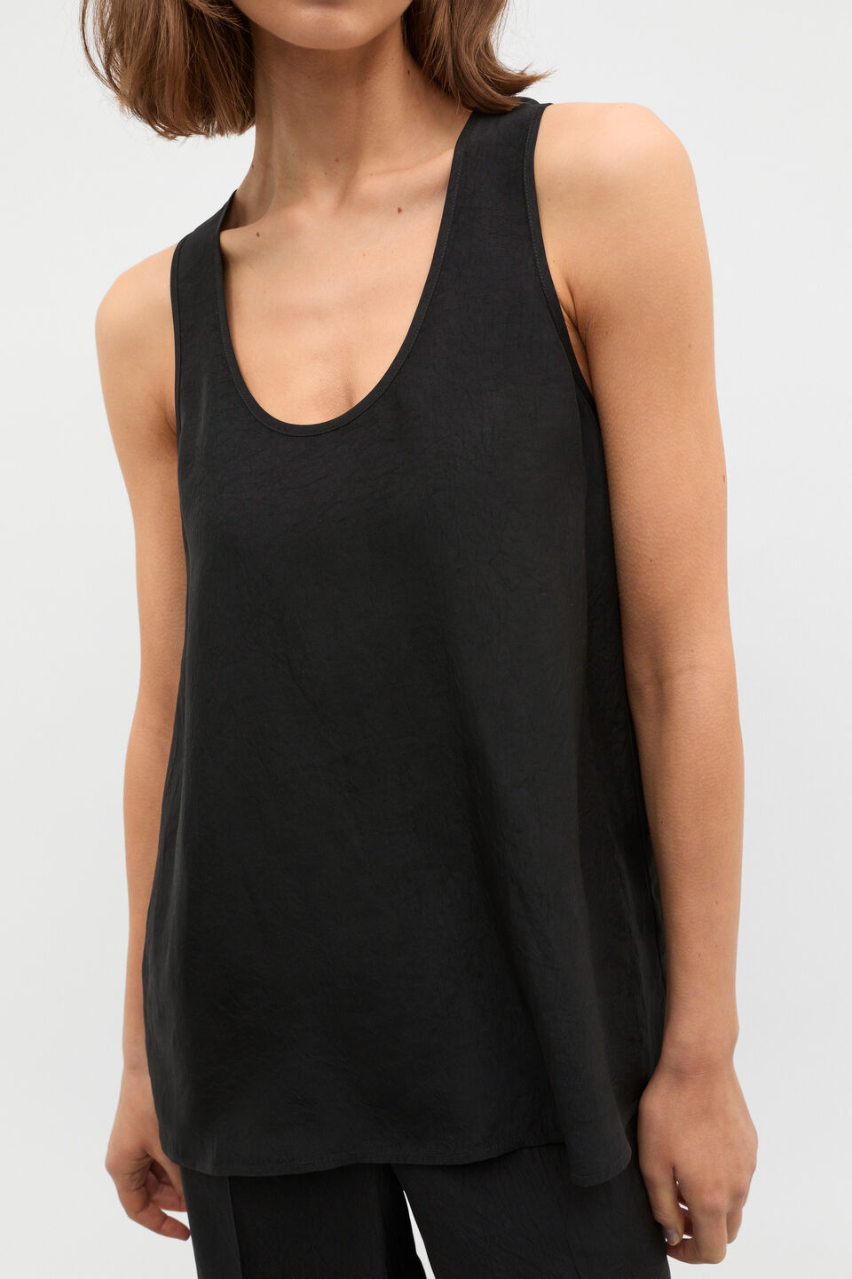 Crinkled Satin Longline Tank  Black