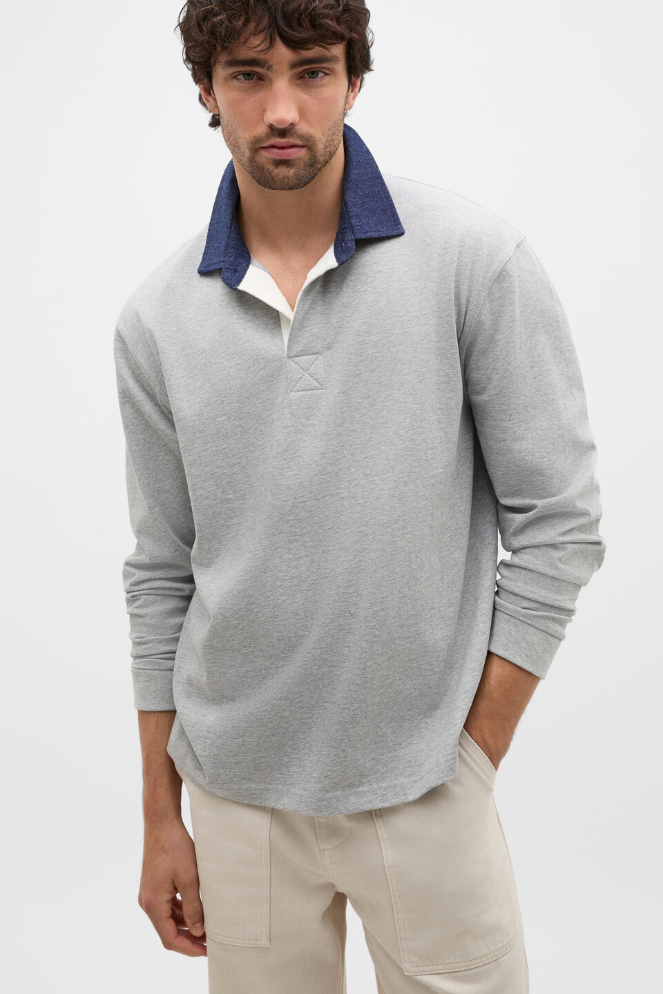 Denim Collar Rugby  Mid Grey Marle