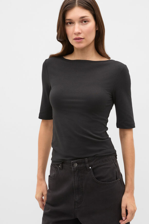 Boat Neck Half Sleeve Top  Black  hi-res