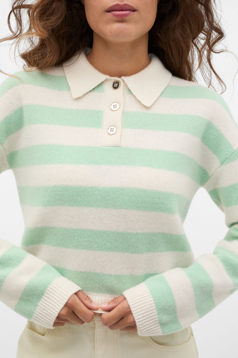 Brushed Merino Boxy Polo  Soft Moss Stripe