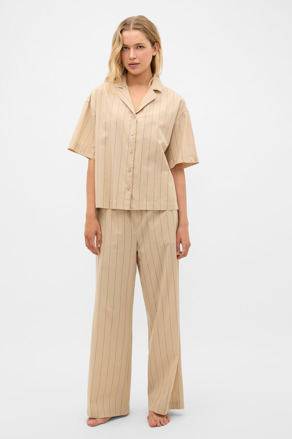 Stripe Shirt and Pant PJ Set  Cashew Cream