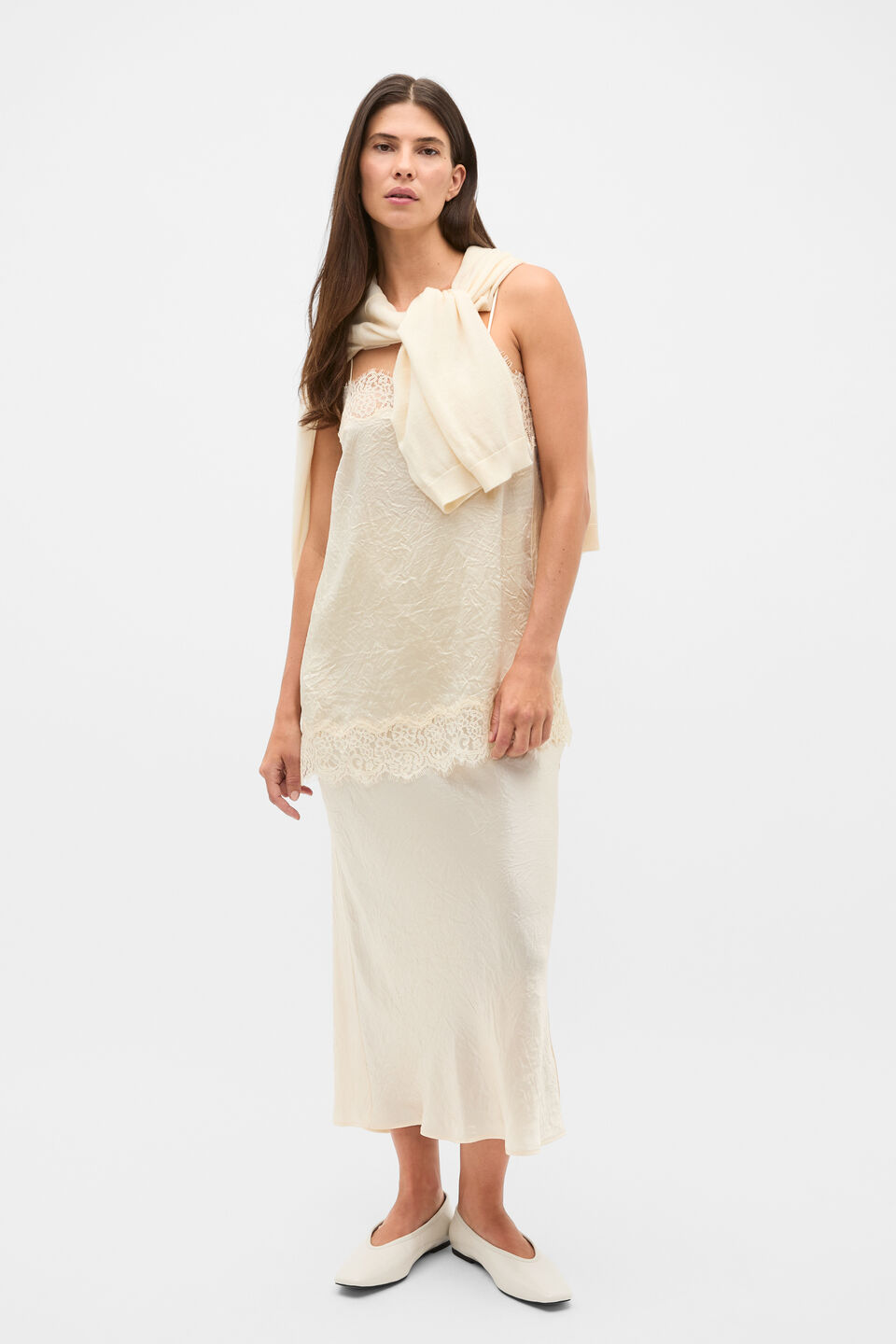 Crinkled Satin Lace Square Neck Cami  Coconut Cream