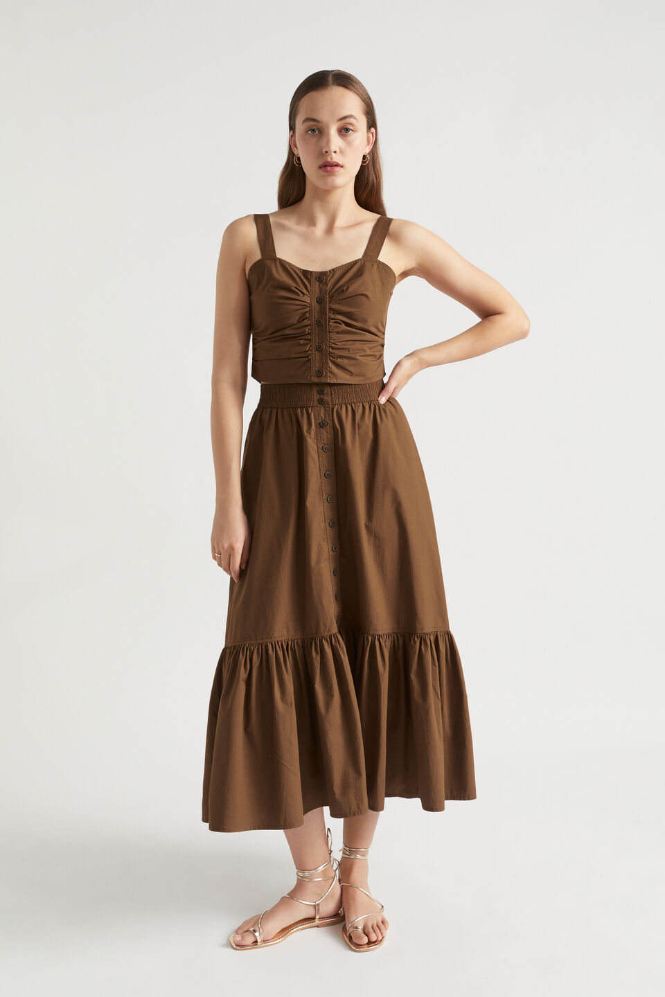 Poplin Button Through Top  Pecan Brown