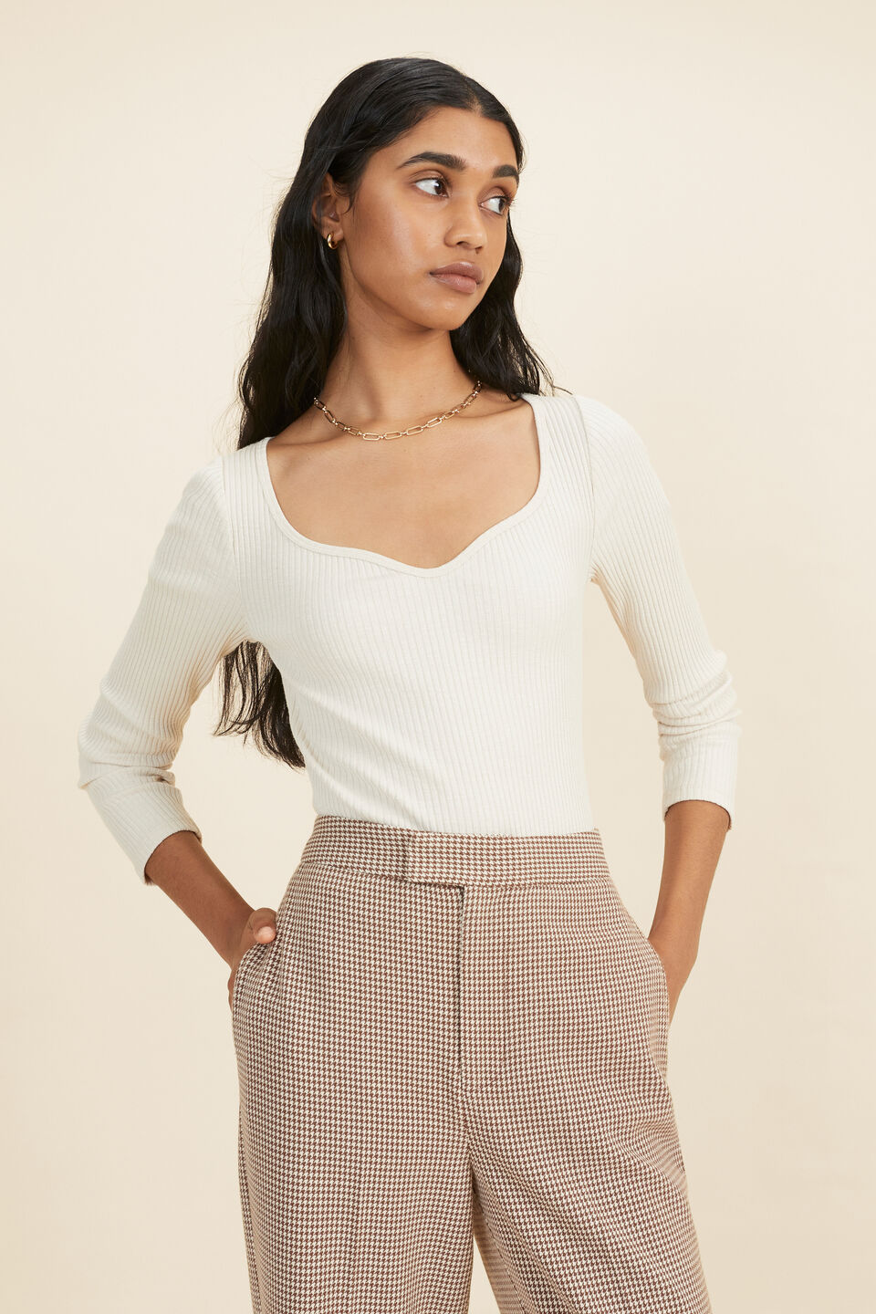 Ribbed Sweetheart Top  Pebble Cream